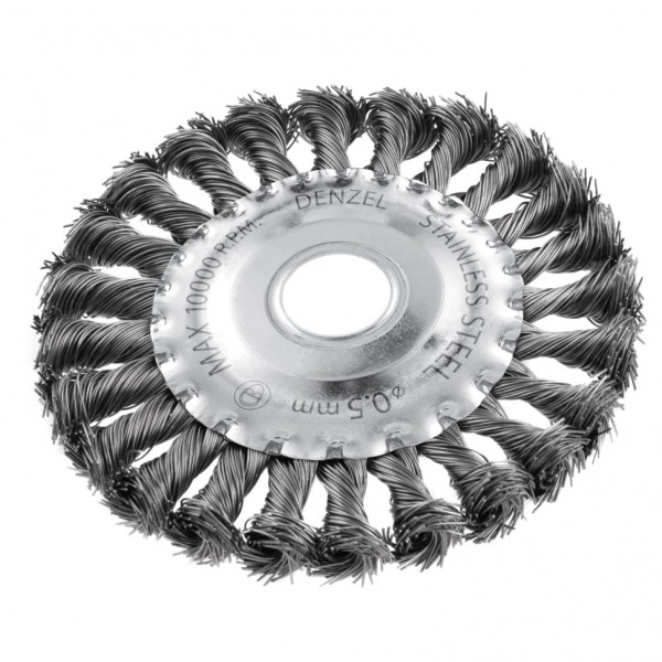 Щетка для УШМ, 125 мм, Плоская, крученая нержавеющая проволока 0.5 мм, посадка 22.2 мм Denzel 746323