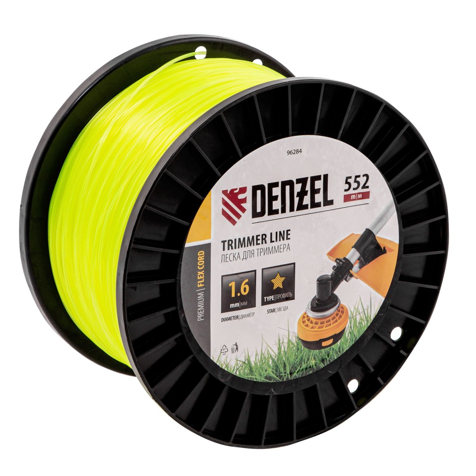 Леска для триммера звезда, 1,6мм х 552м, на DIN катушке FLEX CORD, Denzel 96284