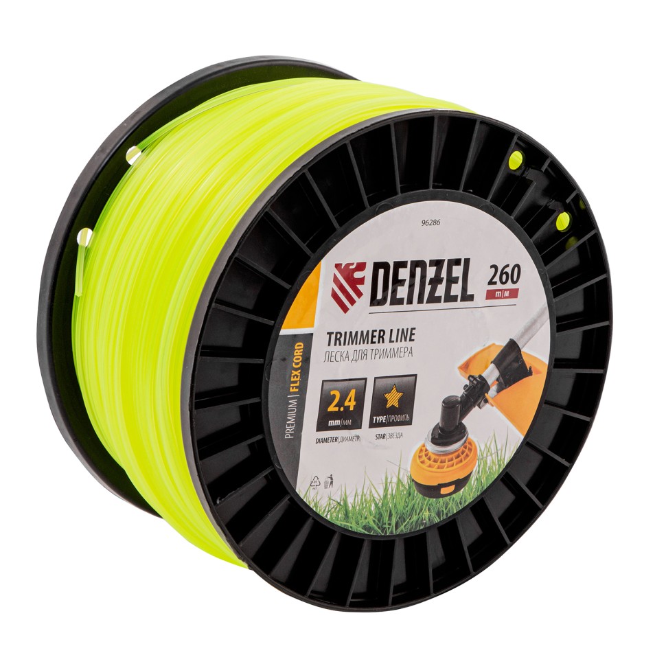 Леска для триммера звезда, 2,4мм х 260м, на DIN катушке FLEX CORD Denzel 96286