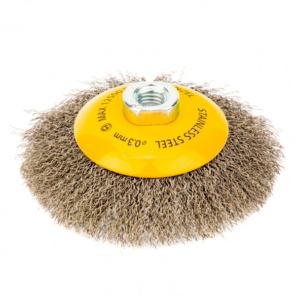 Щетка для УШМ, 125 мм, Тарелка, витая нержавеющая проволока 0.3 мм, М14 Denzel 746163