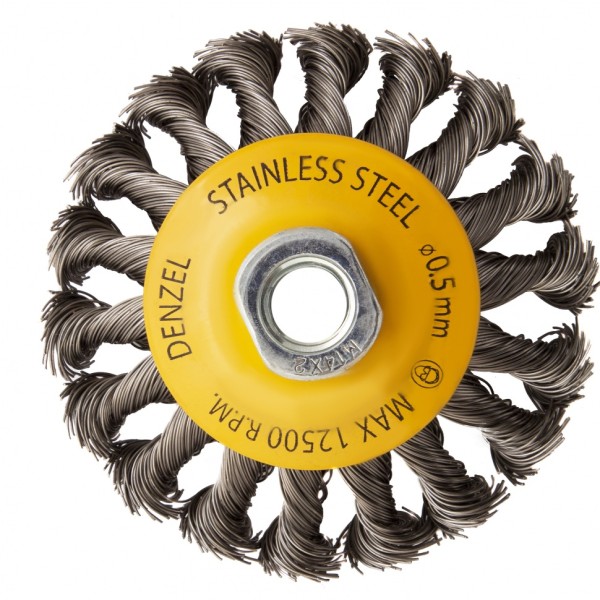 Щетка для УШМ, 100 мм, Тарелка, крученая нержавеющая проволока 0.5 мм, М14 Denzel 746093