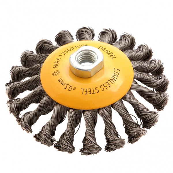 Щетка для УШМ, 125 мм, Тарелка, крученая нержавеющая проволока 0.5 мм, М14 Denzel 746113