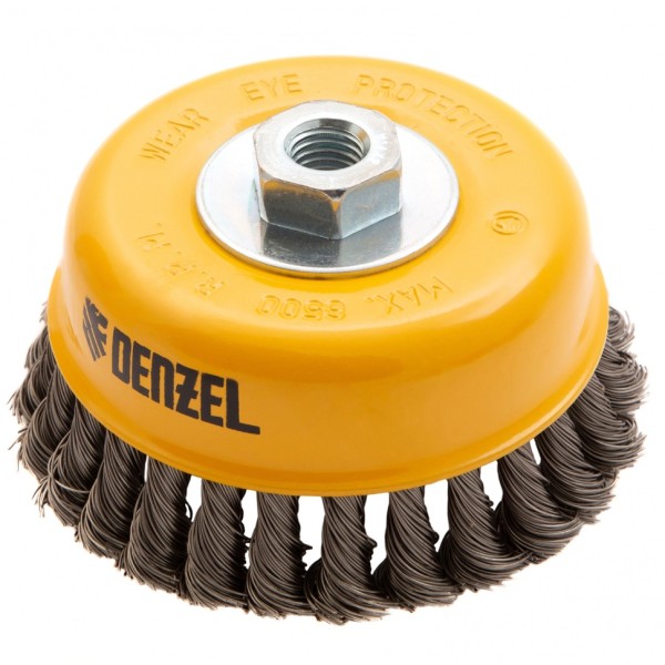 Щетка для УШМ, 125 мм, Чашка, крученая нержавеющая проволока 0.5 мм, М14 Denzel 746273