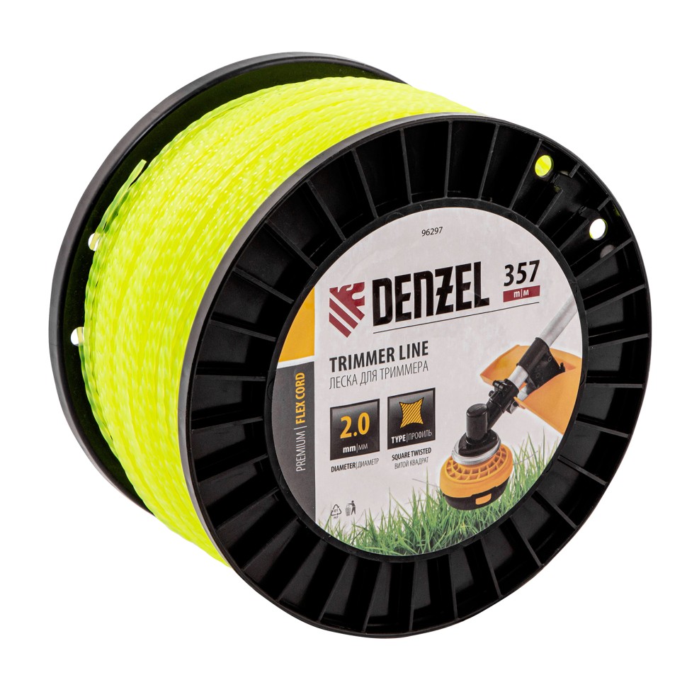 Леска для триммера витой квадрат, 2,0мм х 357м, на DIN катушке FLEX CORD Denzel 96297
