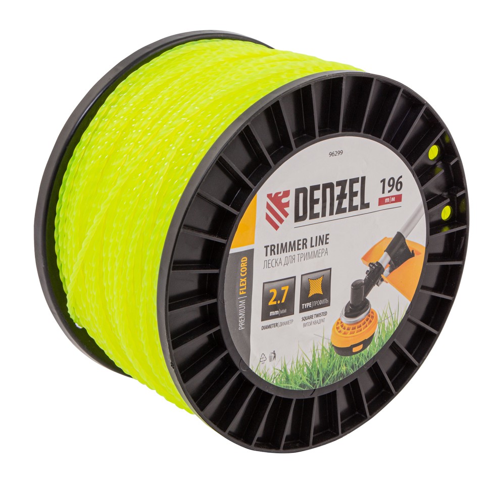 Леска для триммера витой квадрат, 2,7мм х 196м, на DIN катушке FLEX CORD Denzel 96299