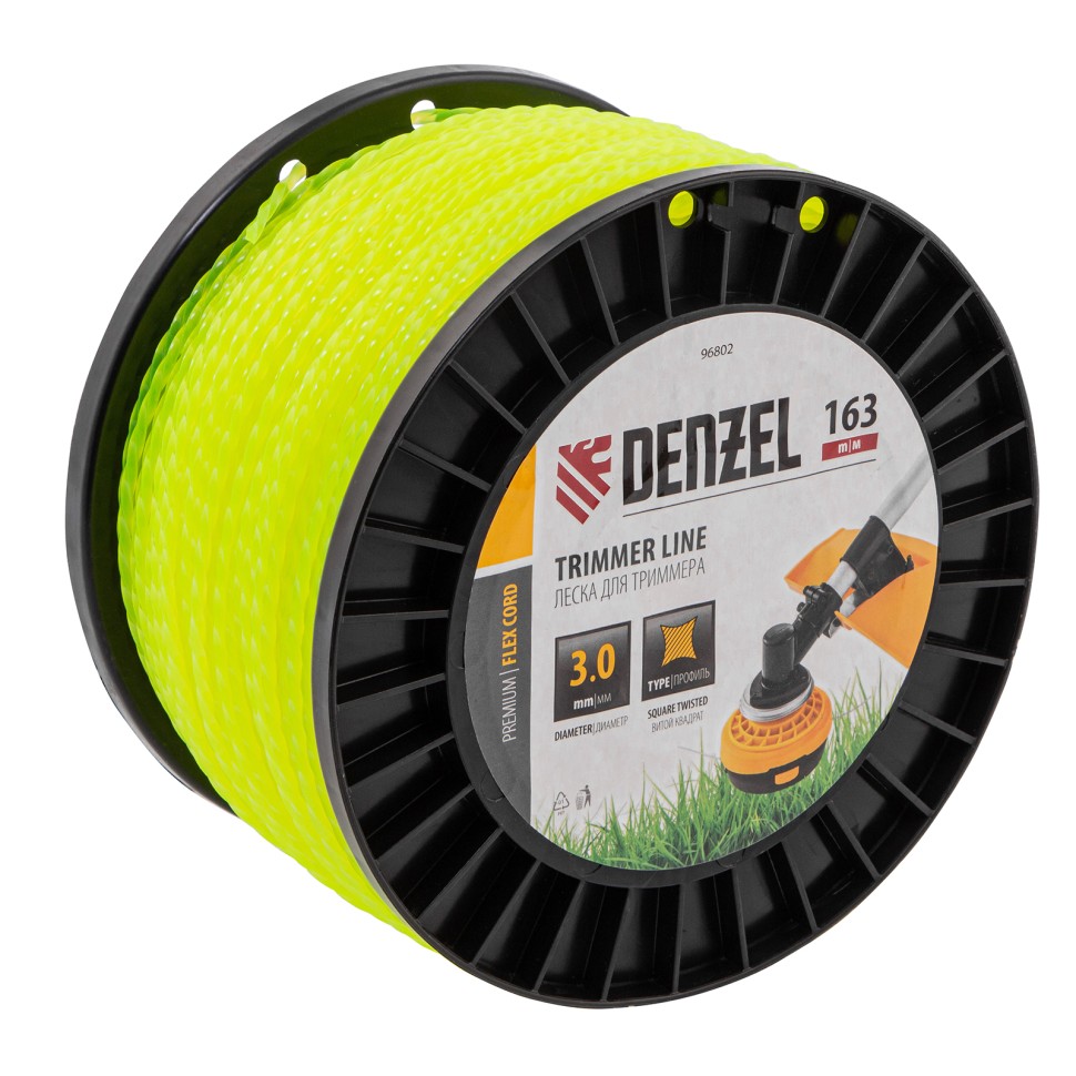 Леска для триммера витой квадрат, 3,0мм х 163м, на DIN катушке FLEX CORD Denzel 96802