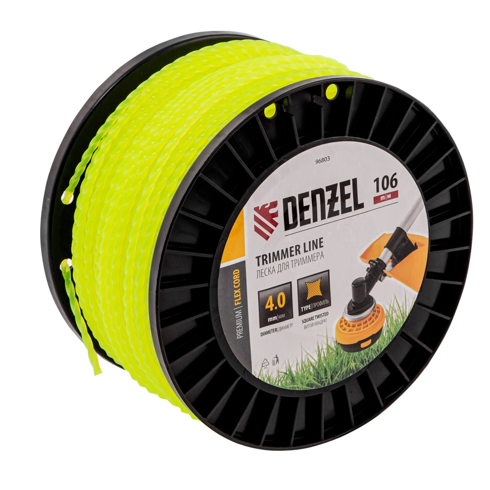 Леска для триммера витой квадрат, 4,0мм х 106м, на DIN катушке FLEX CORD Denzel 96803