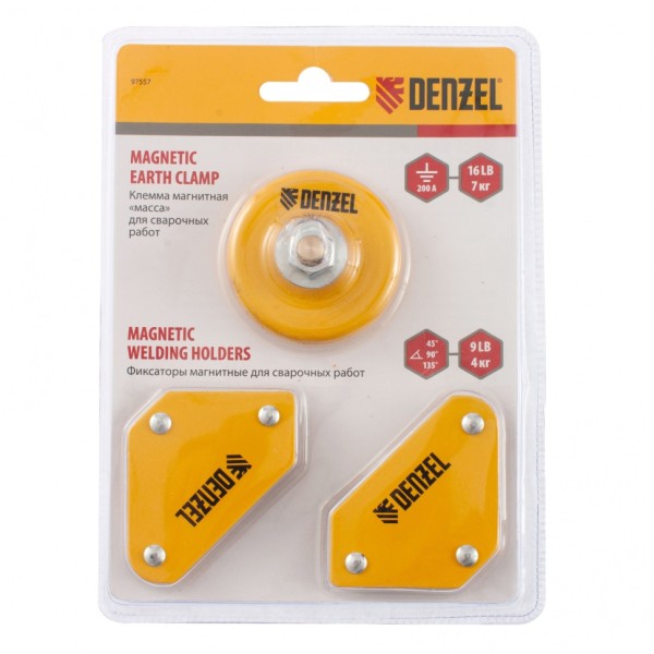 Набор из 2 магнитных сварочных фиксаторов и магнитной клеммы масса Denzel 97557