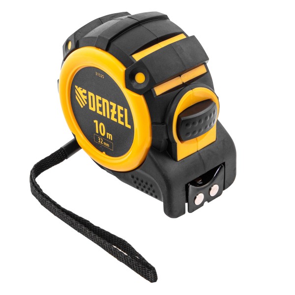 Рулетка 10м х 32мм, автоматич. фиксац., нейлон. покрытие, магнит. зацеп, двухстор. разметка Denzel 31525